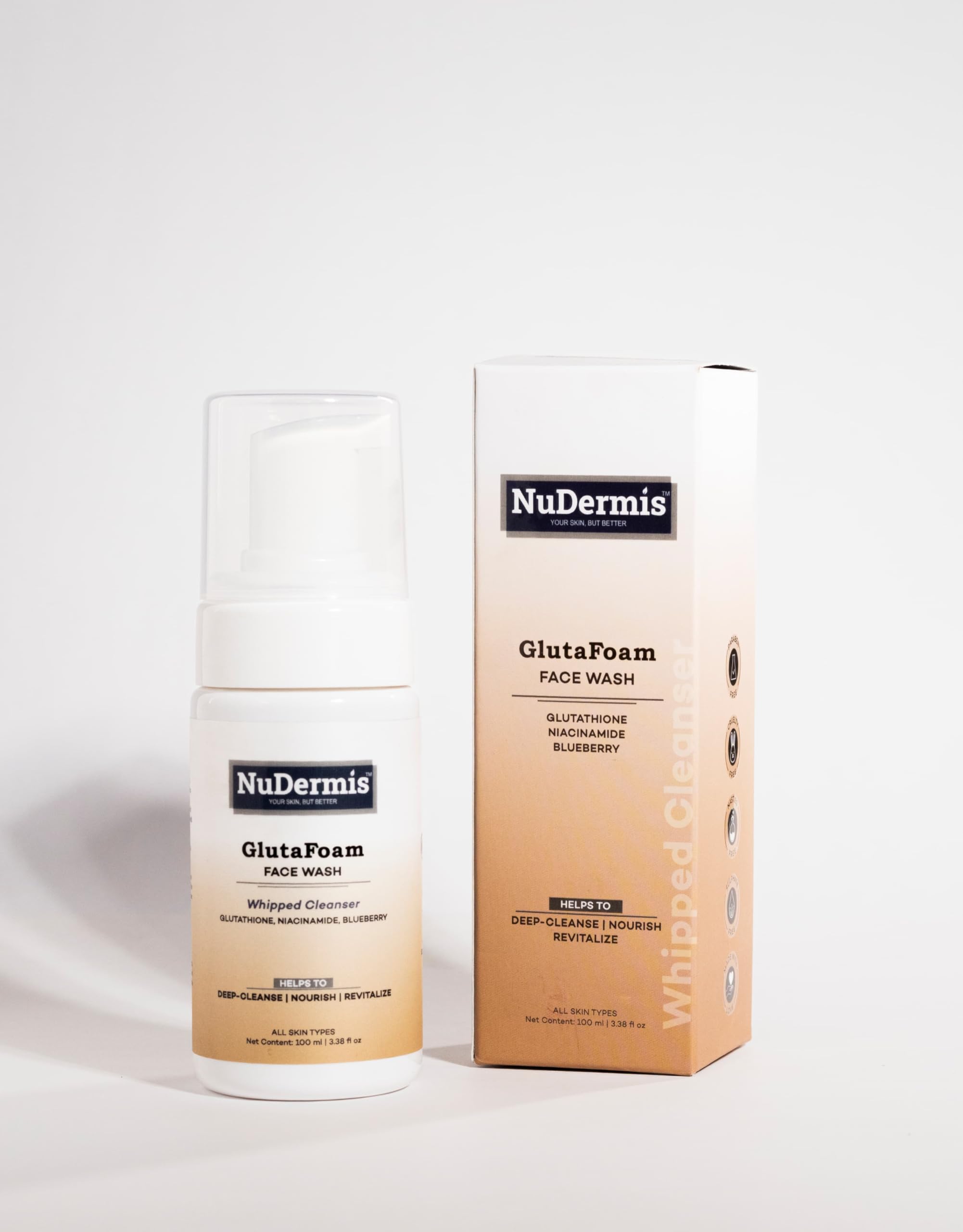 whipped glutathione cleanser NuDermis GlutaFoam – Whipped Brightening Cleanser | Glutathione, Niacinamide, Blueberry Extract & Antioxidants | Even-Toned Healthy Skin | Sulphate & Paraben Free