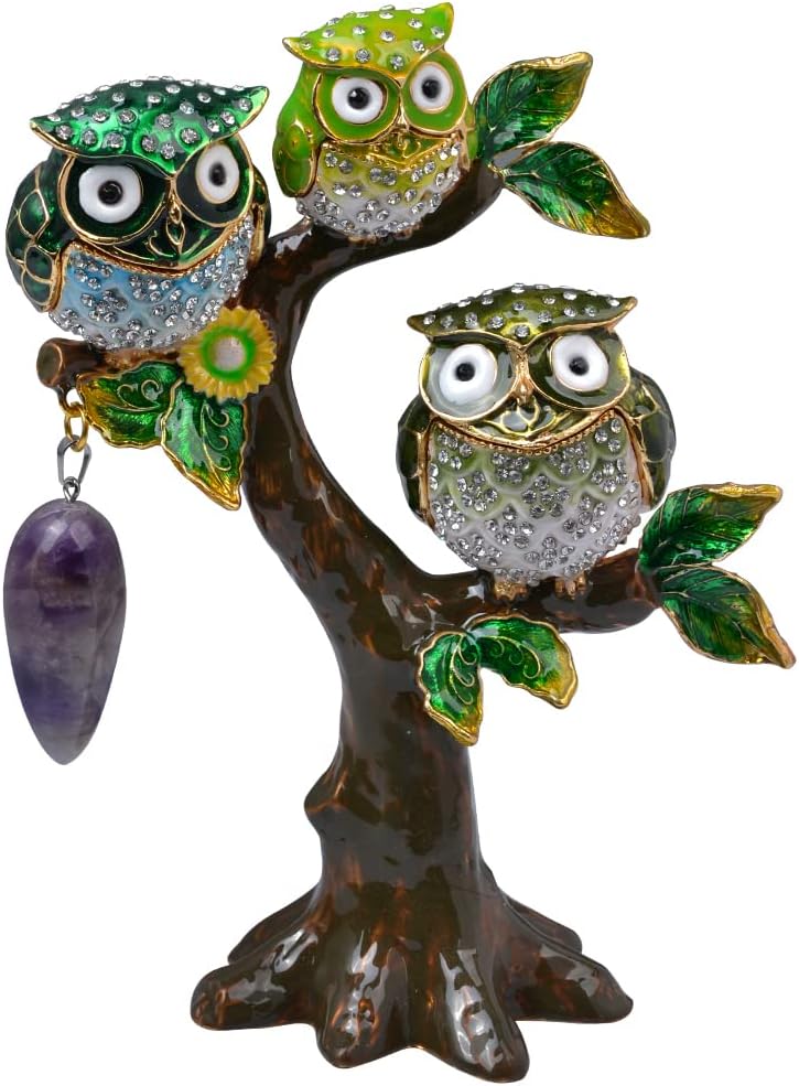Golden Crystal Enameled Owl Figurine Jewelry Box, Hand-Painted Birds on Tree Scene, Elegant Home Décor & Unique Gift for Owl Lovers