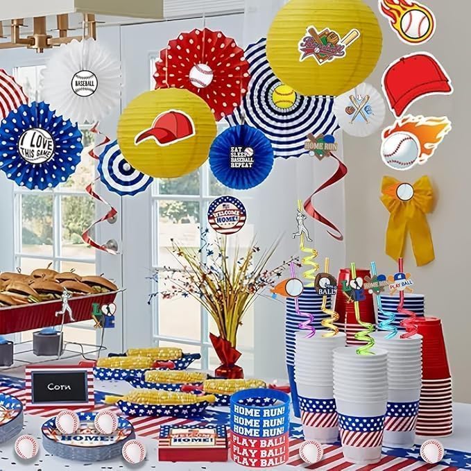 86PCS Baseball Party Favors Set Baseball Gifts Goodie Bags Including Silicone Baseball Bracelets Mini Baseball, Stickers,Pencil Caps Baseball Party Straw Suitable for Baseball Birthday Partys - Image 4