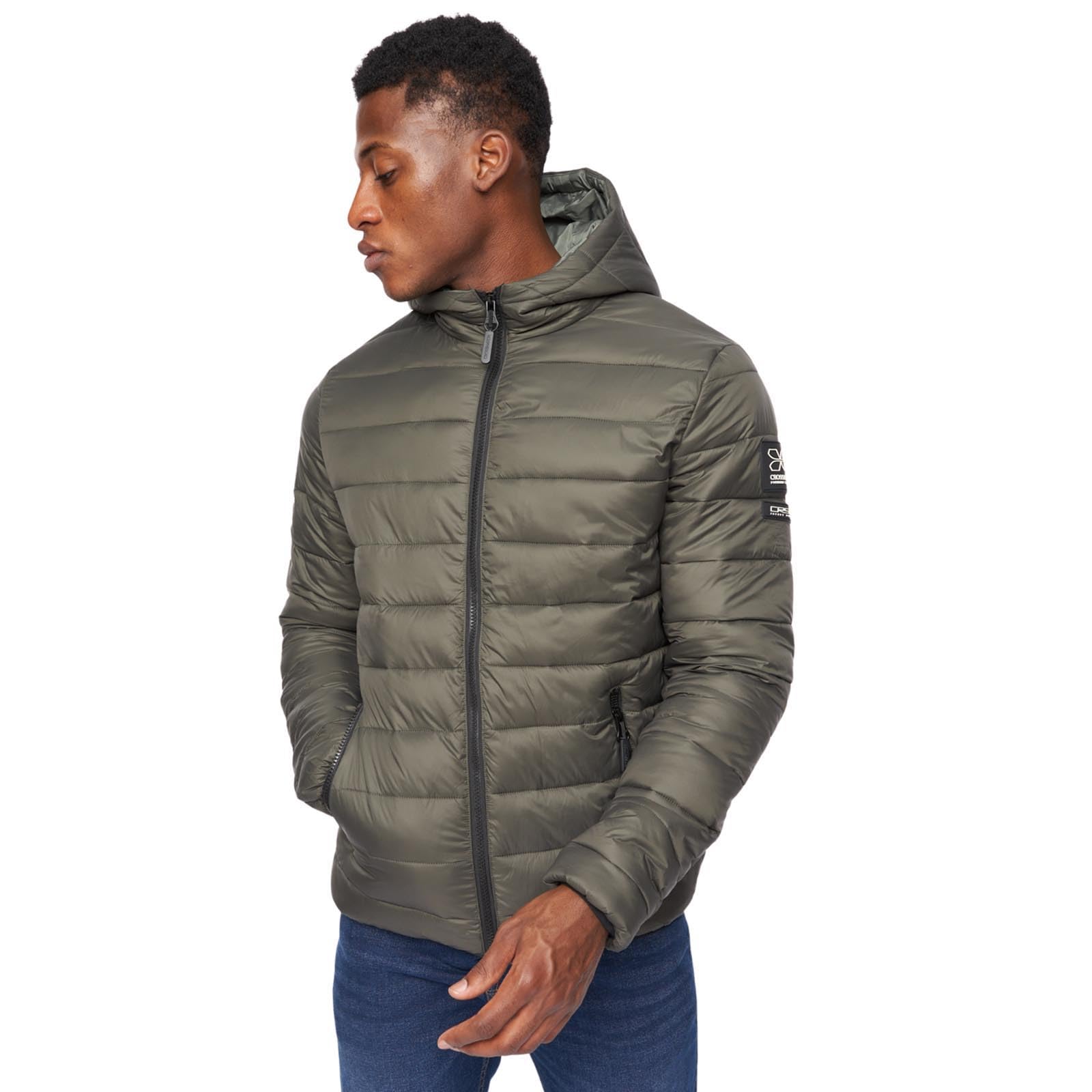 Crosshatch Men's Padded Quilted Puffer Shower Resistant Jacket with Zip Pockets Hood and Pockets Winter Coat by JEANBASE Olive XXL