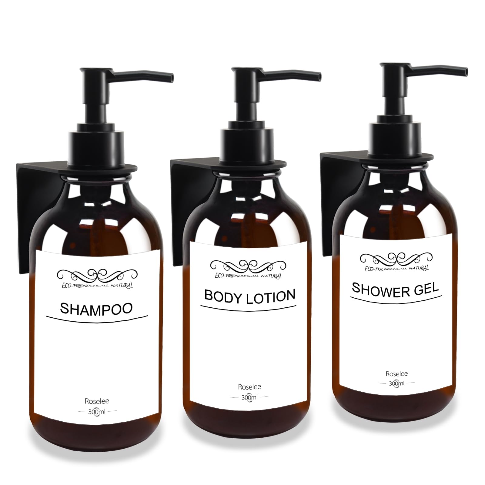 Roselee Set of 3 Wall Mounted Brown Soap Dispensers, 300 ml, Plastic Pump Dispenser with Funnel and Waterproof Labels for Kitchen, Bathroom