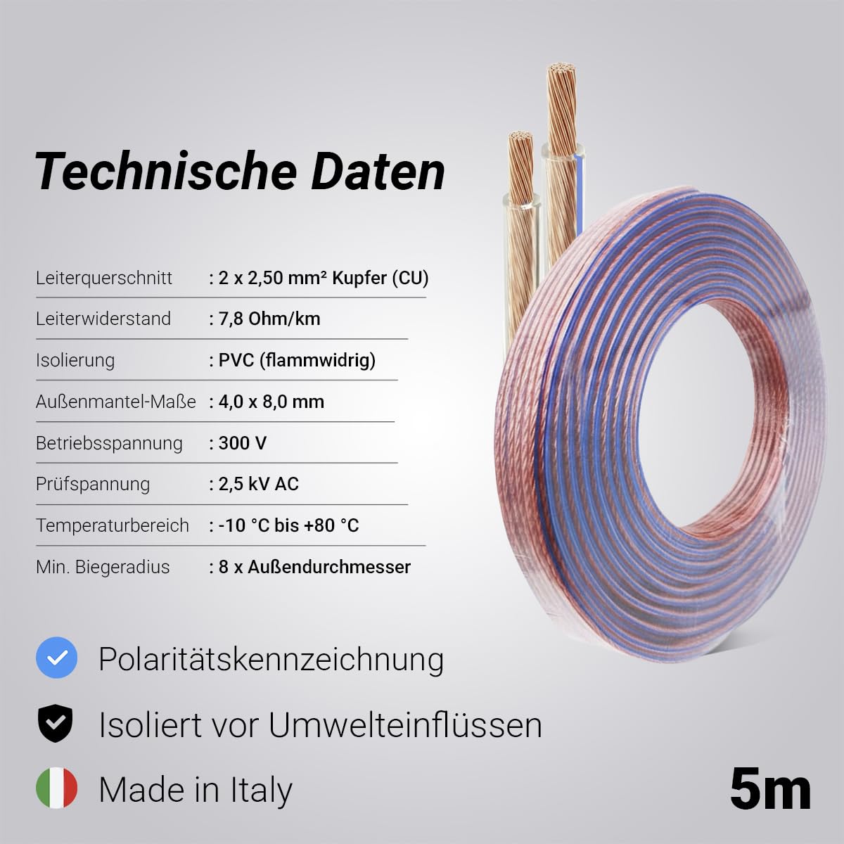 VENTON [Test SEHR GUT, Note 1.1] 5m VOLLKUPFER HQ Lautsprecherkabel 2x2,5 mm², Passiver Subwoofer Kabel, Lautsprecher Audio Kabel, Kupfer Boxenkabel für HiFi Anlage Surround Sound System Auto, 5 m