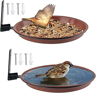 Bird Feeder and Bird Bath ∅17cm Set 2PCS, Bird Feeder Bird Bath Insect Feeder Fence Bird Feeder Tray Bird Bath for Garden, Bird Water Feeder for Balcony Railing, Bird Feeder with Wall Bracket Screws
