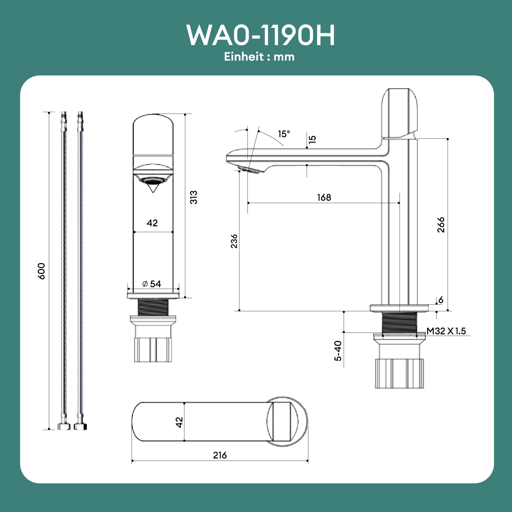 Mai & Mai Wasserhahn Bad 31,3cm hoch, Waschtischarmatur Glänzend weiß | Einhebelmischer Mischbatterie Bad Armatur Badezimmer aus Messing, mit Wassersparfunktion DIN-Anschlüsse WAO-1190H