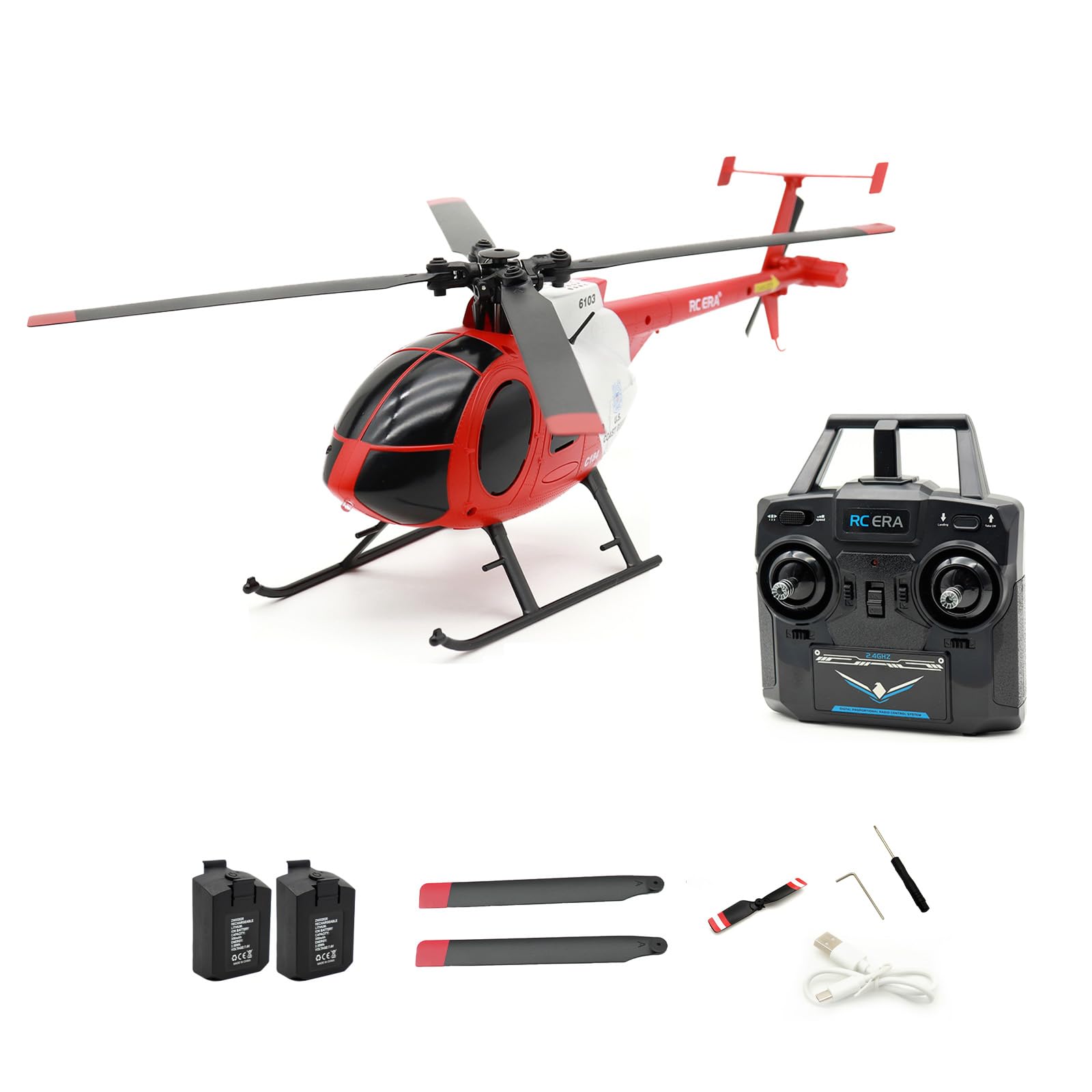 NULA RC-ERA C184 MD500 4CH RC Helicopter, 6-Axis Gyro Stabilized Flybarless Optical Flow Remote Control Helicopter RC Aircraft Outdoor For Adults & Beginners -Red /2 Battery