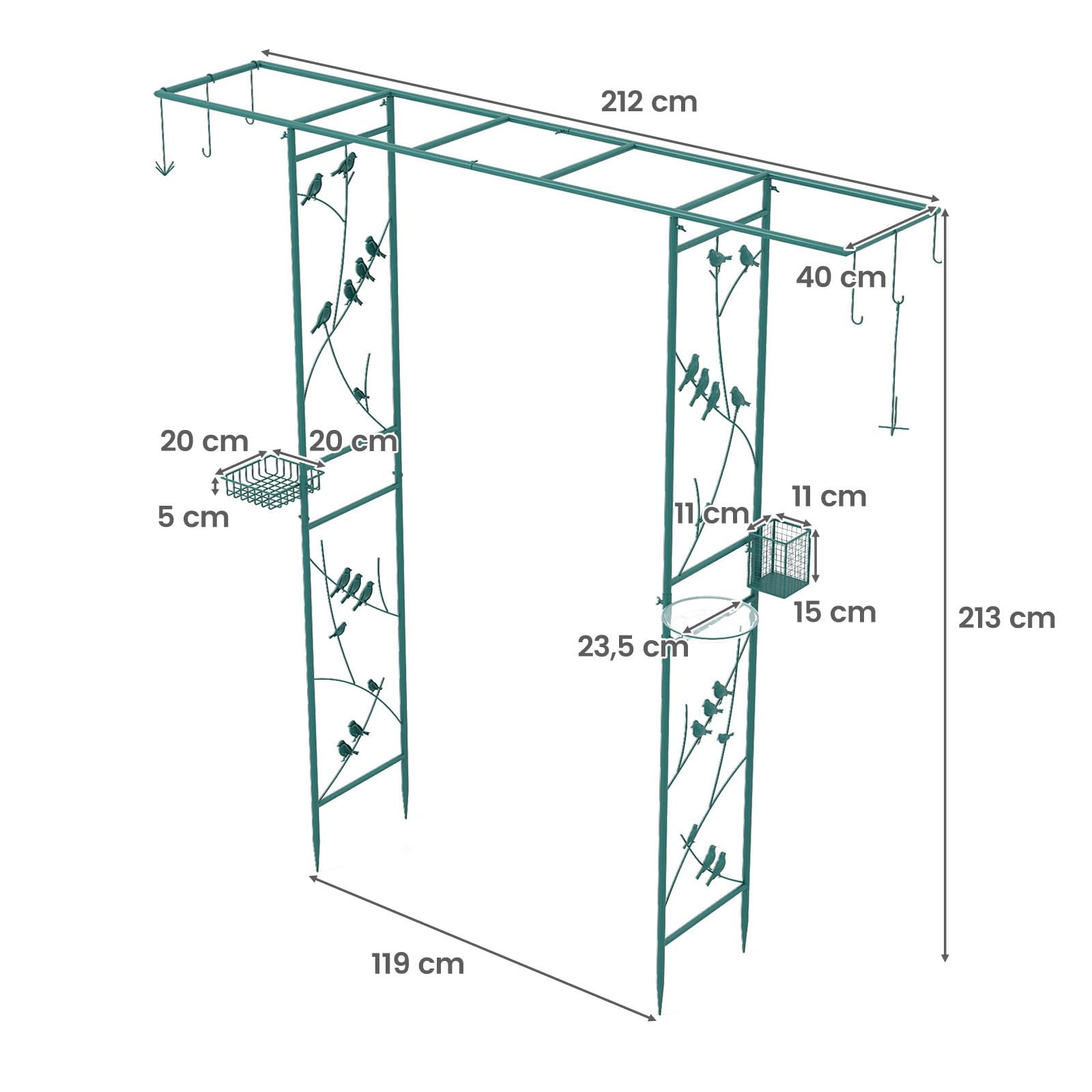 RELAX4LIFE Arche Jardin Métal 2M avec Mangeoire à Oiseaux, Arche avec Treillis pour Plantes Grimpantes, Panier, Crochets, Support pour Rosier Raisin Concombre (Vert)