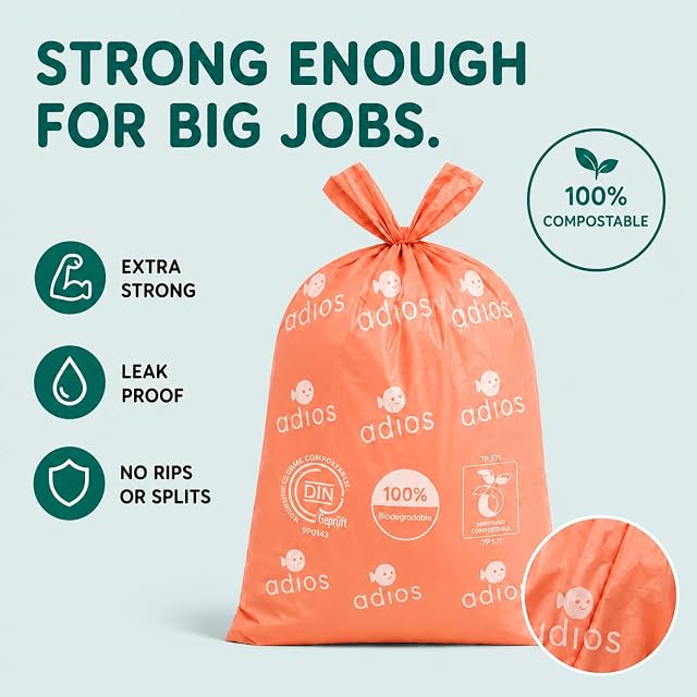 Foto 4 de 7 de Adios Plastic - Bolsas compostables para excrementos de perro con asas, 120 unidades (8 rollos), color coral…