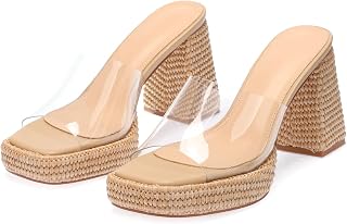 Monrovia Raffia Platform Heels for Women – Chunky Block Open Toe Woven Slides, Natural Straw Summer Dressy Vacation Sandals, Comfortable Heeled Slip On Mules