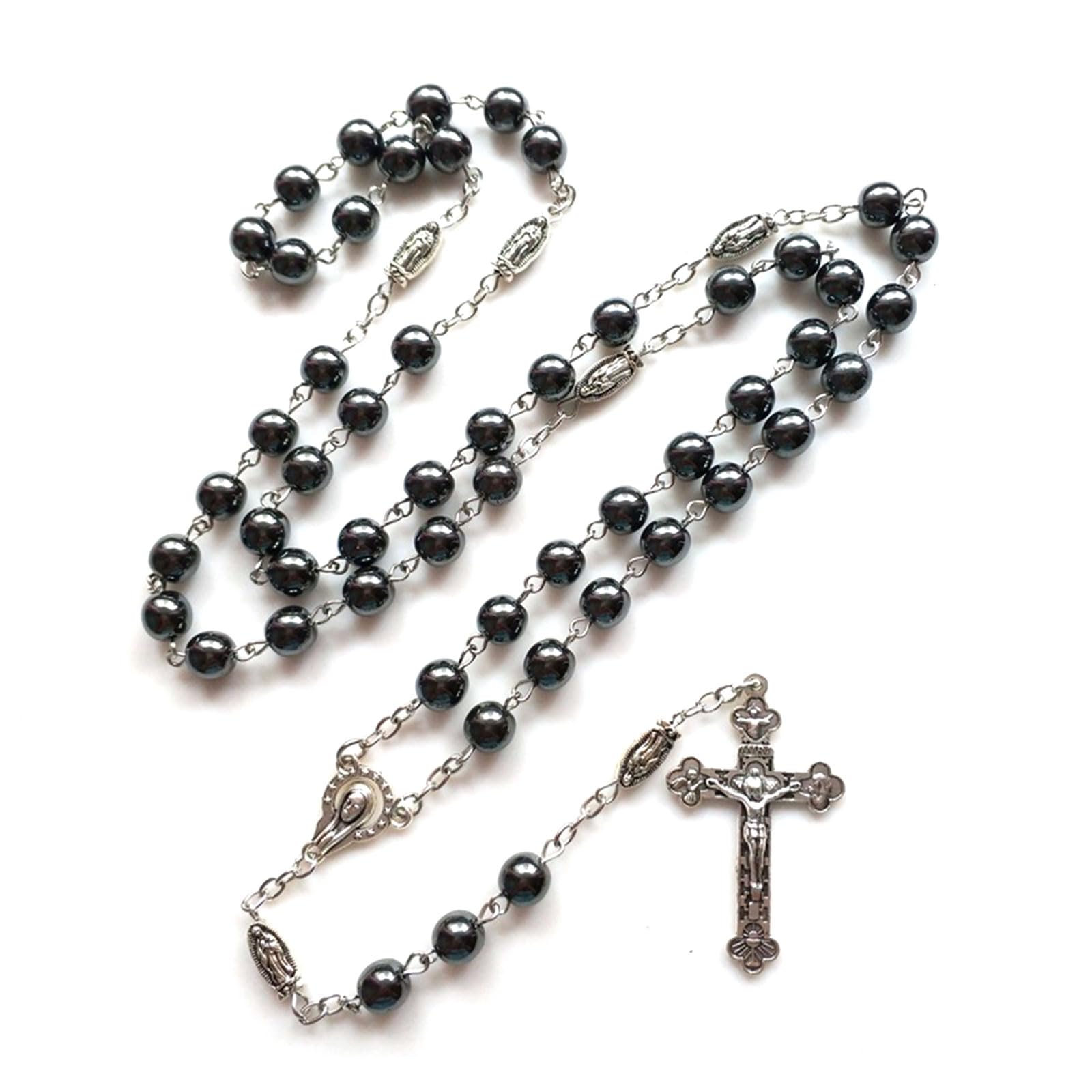 Maxtonser Black Hematite Stone Necklaces Fashion Catholic Crucifix Pendant Rosary Necklaces Jewelry for Men