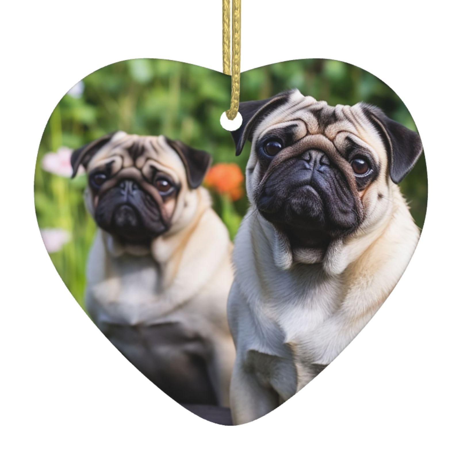 Ceramic Christmas Tree Hanging Ornaments with Gold Ropes Christmas Tree Decorations Heart Ceramic Pugs in The Garden Pendant Keepsake Decorations for Holiday Xmas Gift Ideas