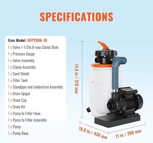 Miniatura 7 de VEVOR Bomba de filtro de arena de 10 pulgadas, 1585 GPH, sistema de bombas de piscina de 0.33 HP y filtros con válvula multipuerto de 6 vías y