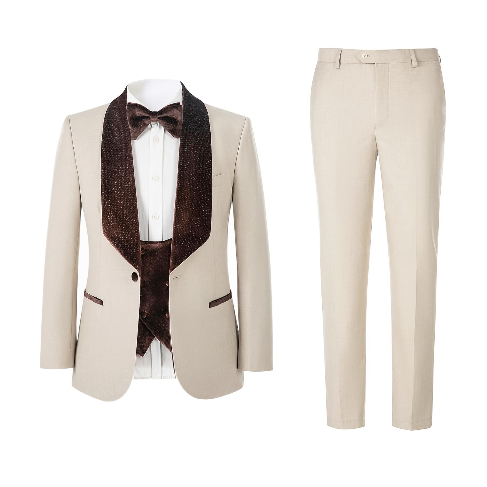 Men's Slim Fit Tuxedo, Shiny Velvet Shawl Collar 3 Piece Suit, Party Jacket Vest Pants & Bow Tie Set