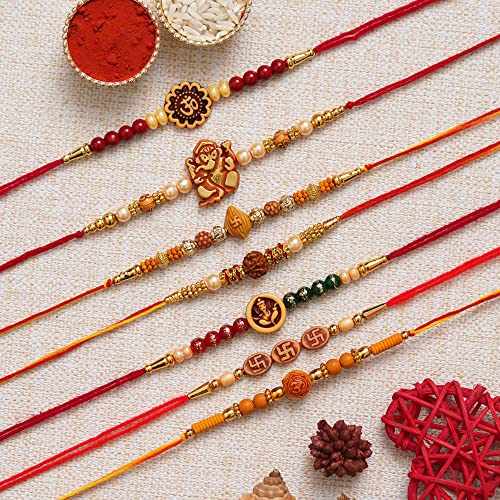 Image of eCraftIndia Set of 7 Rakhi Combo Hamper | Multicolor Om Ganesha Swastik Rudraksha Pearls Religious Designer Rakhis | Roli Chawal Pack