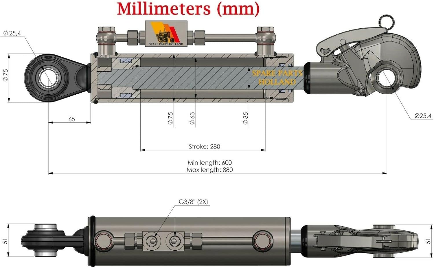 Spare Parts Holland - Hydraulic Top Link Cat 2-2 with Locking Block and Hook - Min. 23-5/8" Max. 34-5/8"