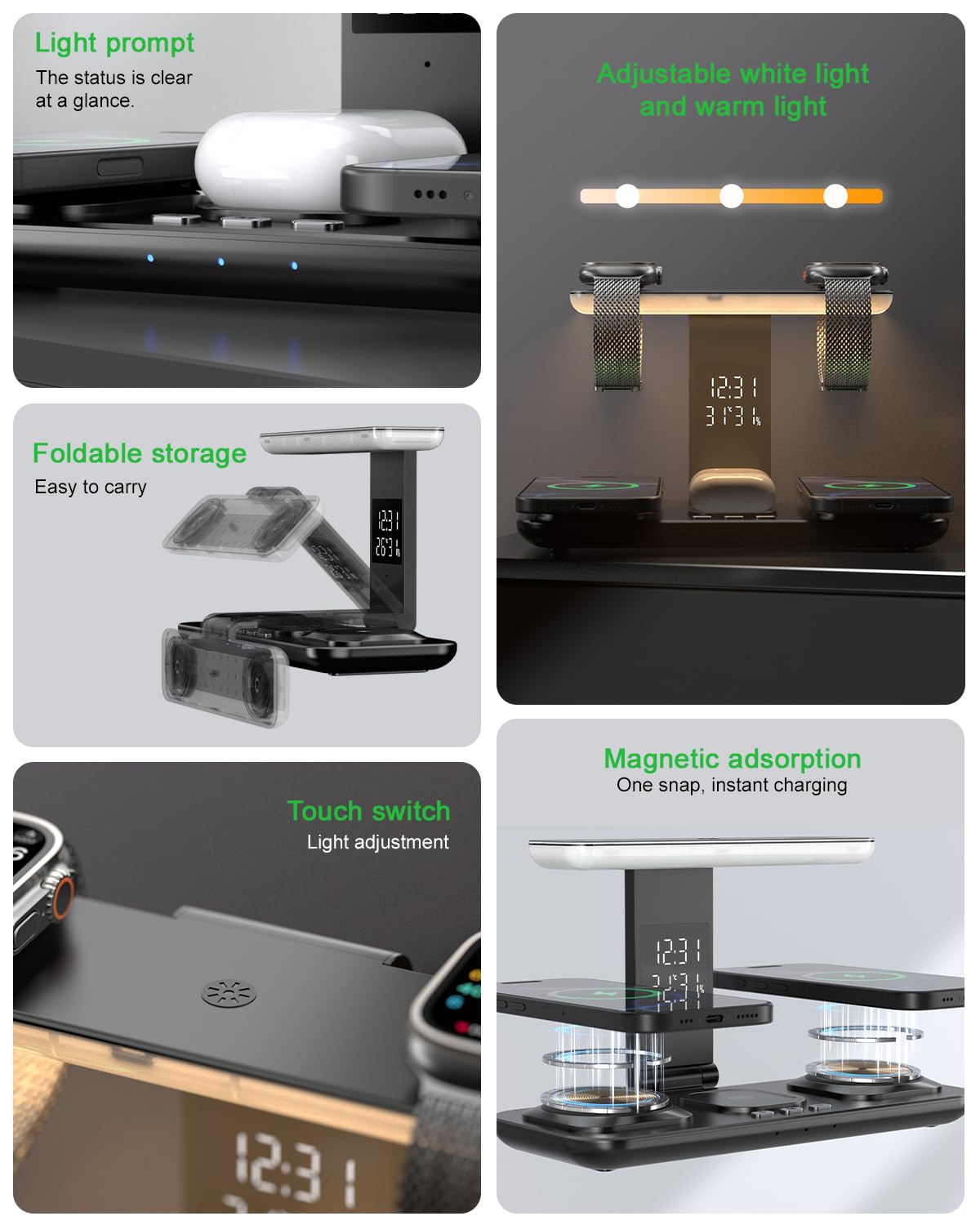 Stazione di Ricarica Wireless 5 in 1 con Orologio e Luce Notturna, Caricatore Doppio per 2 Telefoni e 2 Orologi, Compatibile con iPhone 17 16 15 14 Pro Max, Samsung, Apple Watch, Galaxy Watch, AirPods