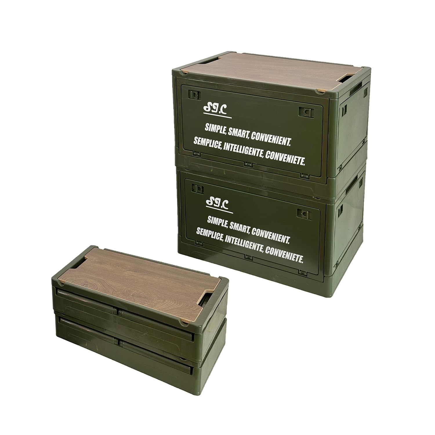 S.I.C Faltbare Aufbewahrungsbox mit Holzdeckel, Klapptisch, Campingtisch, Aufbewahrungsbox, für Schrank, Haus, Auto, Reisen, Camping, Picknick, 2 x 51 l, dunkelgrün