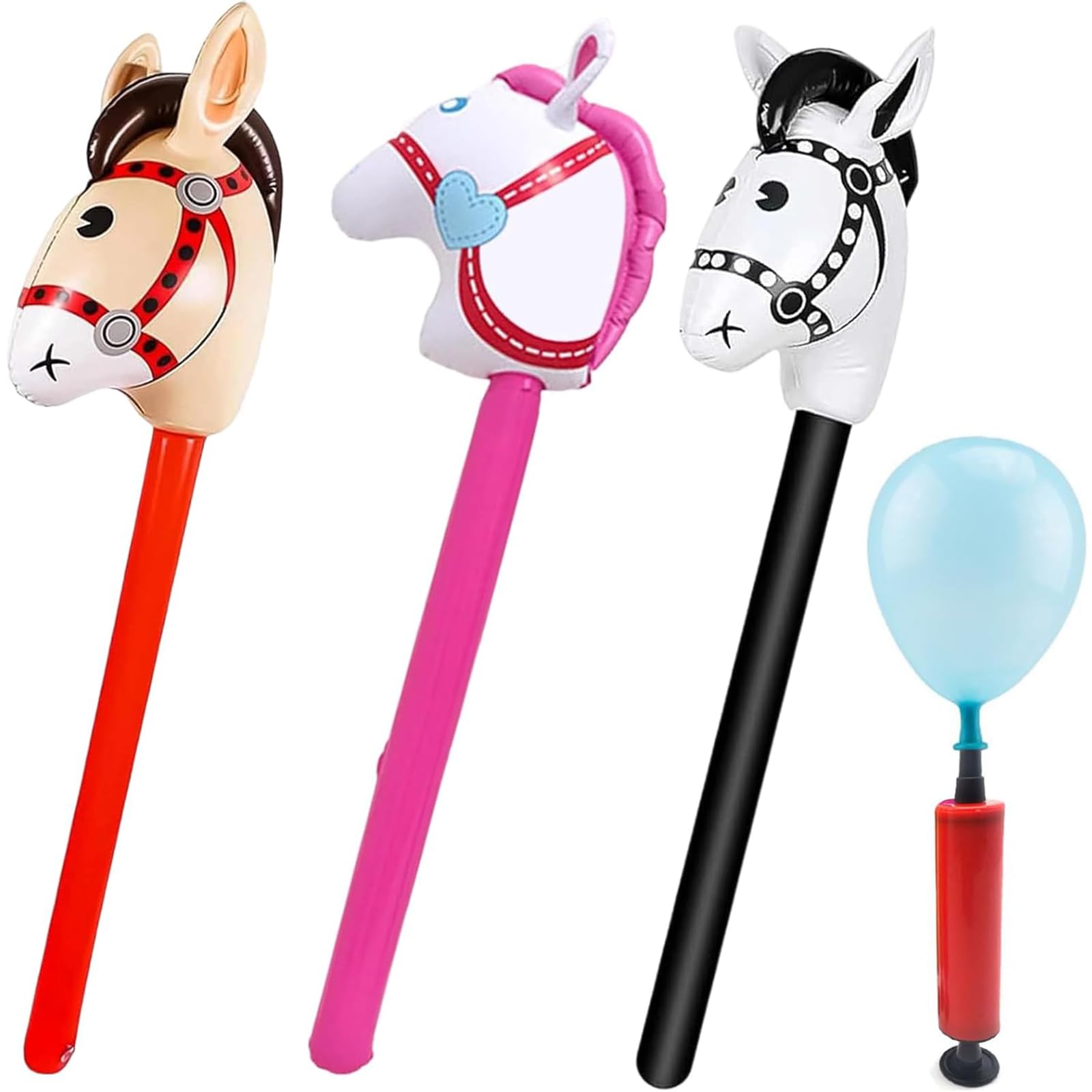 4 PCS Inflatable Horse Set, Horse Balloons with Air Pump, Hobby Horse Balloon Sticks Red Pink Black Interesting Design Easy to Use, Suitable for Decorating Birthday Parties, Pony Parties, Carnivals