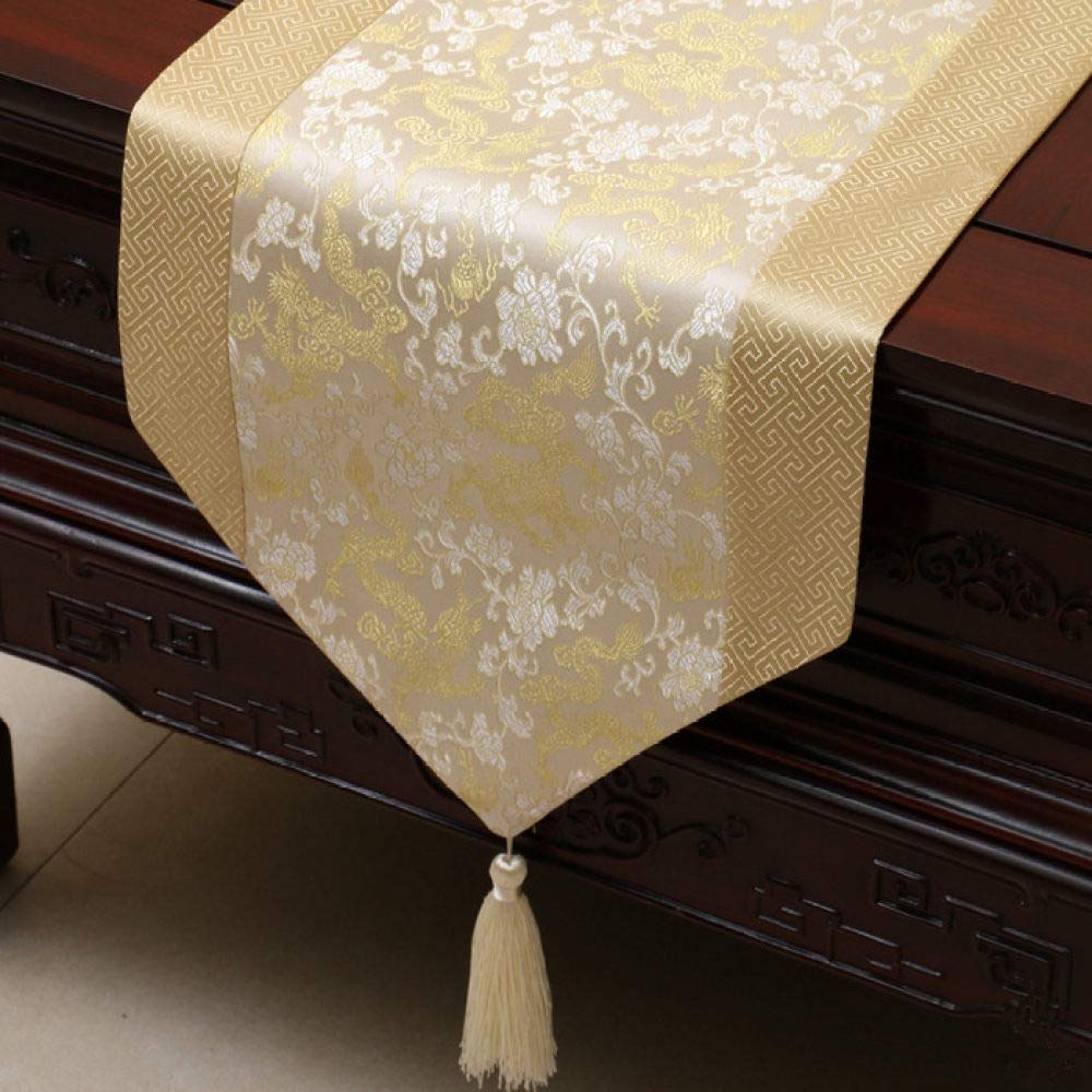 Chinese Satin Table Runner Tablecloth Home Decor Table Runner with Tassel Table Cover Wedding Decoration,023,33x150cm