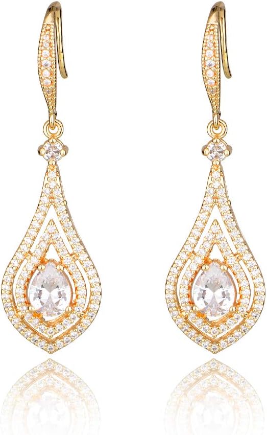 Cubic Zirconia Teardrop Dangle Earrings - Sterling Silver Pear Shape Crystal CZ Chandelier Rhinestone Wedding Statement Earring for Bride Bridesmaids Mother of Bride Pageant Party Prom