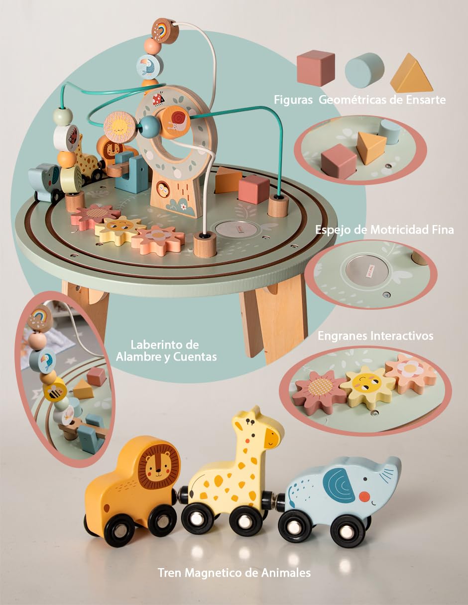 Tooky Toy Table d’activités avec Circuit de Train en Bois FSC - Table de Jeu avec Labyrinthe de Perles, Jouet Montessori éducatif, développe motricité & cognitif, Cadeau dès 2 Ans