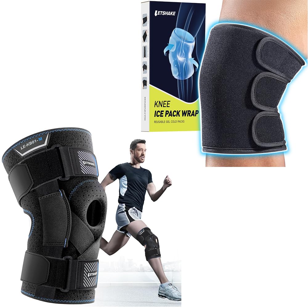 LETSHAKE Hinged Knee Brace for Men Women Knee Ice Pack Wrap for Injuries Reusable Gel Ice Packs for Knee Replacement Surgery, Arthritis, Swelling, Meniscus Tear and ACL