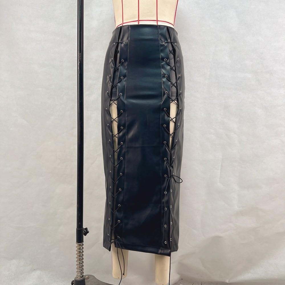 Gonne in Pelle da Donna, Gonna da Donna in Pelle PU Elasticizzata al Ginocchio con Lacci sul Retro. Gonne in Pelle con Fasciatura con Cerniera e Lacci(Black,M)