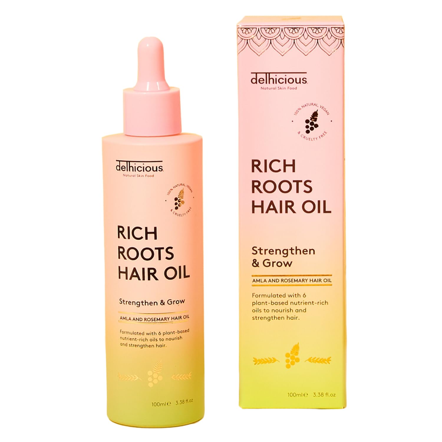 Delhicious Amla Hair Oil & Rosemary Oil for Hair Growth - Rich Roots Hair Loss Treatment for Thinning Hair - Dry Scalp Treatment with Argan Oil - Ayurveda Scalp Oil - Vegan, Sulphate Free - 100ml