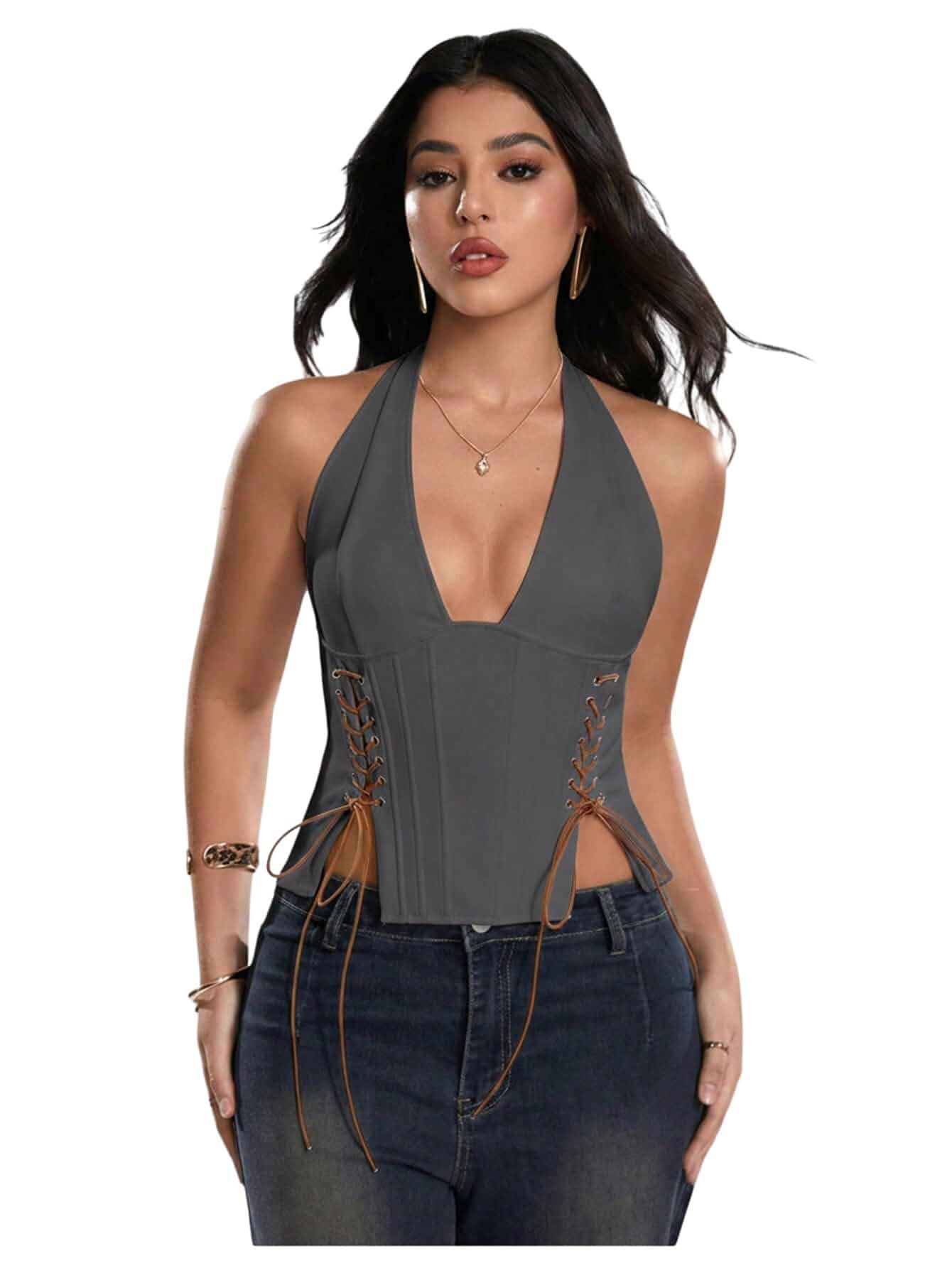 MakeMeChic Women's Corset Halter Lace Up Crop Tops | Y2K, Cowgirl, Concert, Going Out Corset