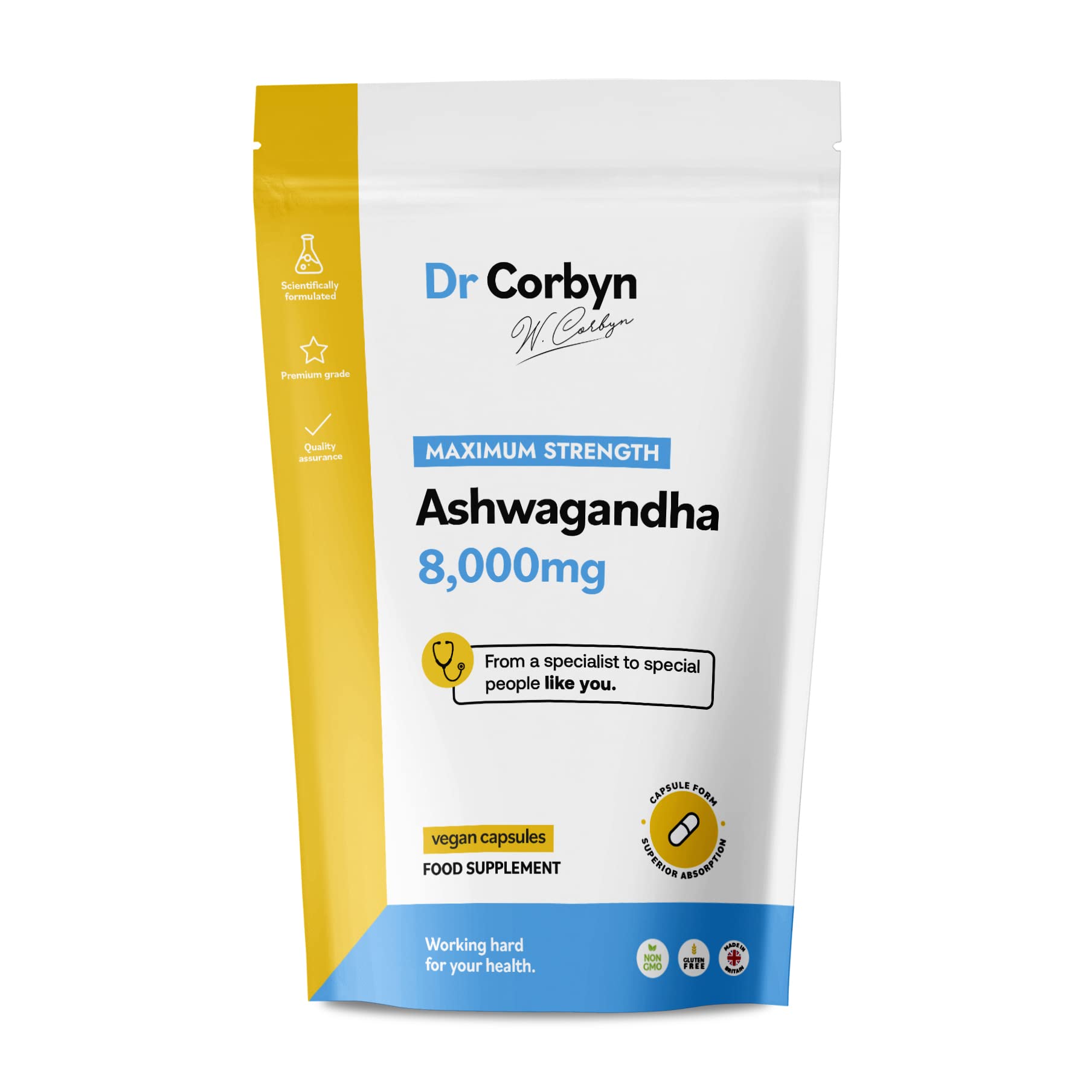 Dr CorbynAshwagandha 8,000mg with 12mg Withanolides (60 Capsules) | Maximum Strength Ashwagandha Supplement | Capsules for Superior Absorption | Vegan & UK Made