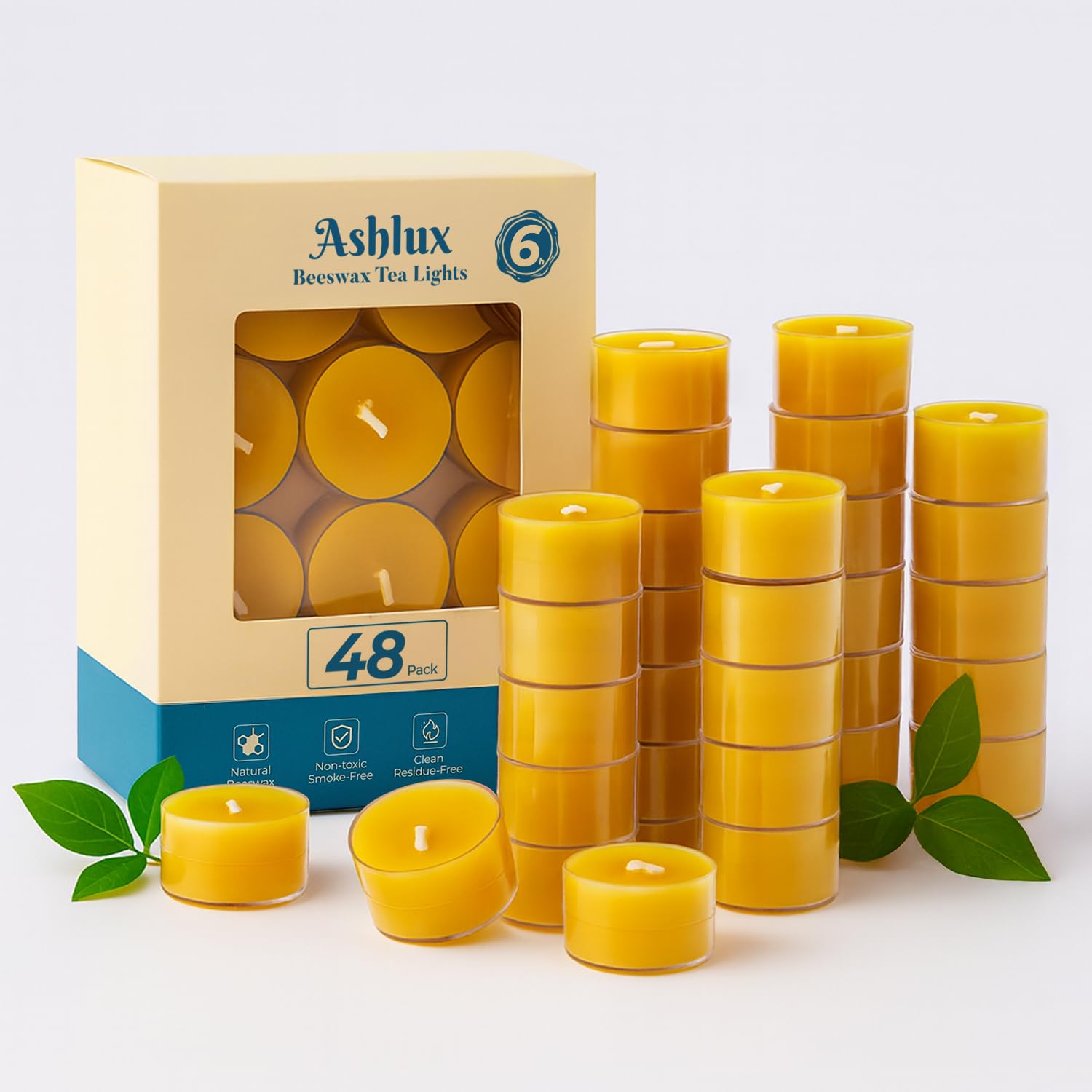 Ashlux Velas de Cera de Abeja Amarillas, 6 Horas – 48 Unidades | Vaso Acrílico Transparente. Ideales para Fiesta, Boda y Hogar – Cera de Abeja Natural