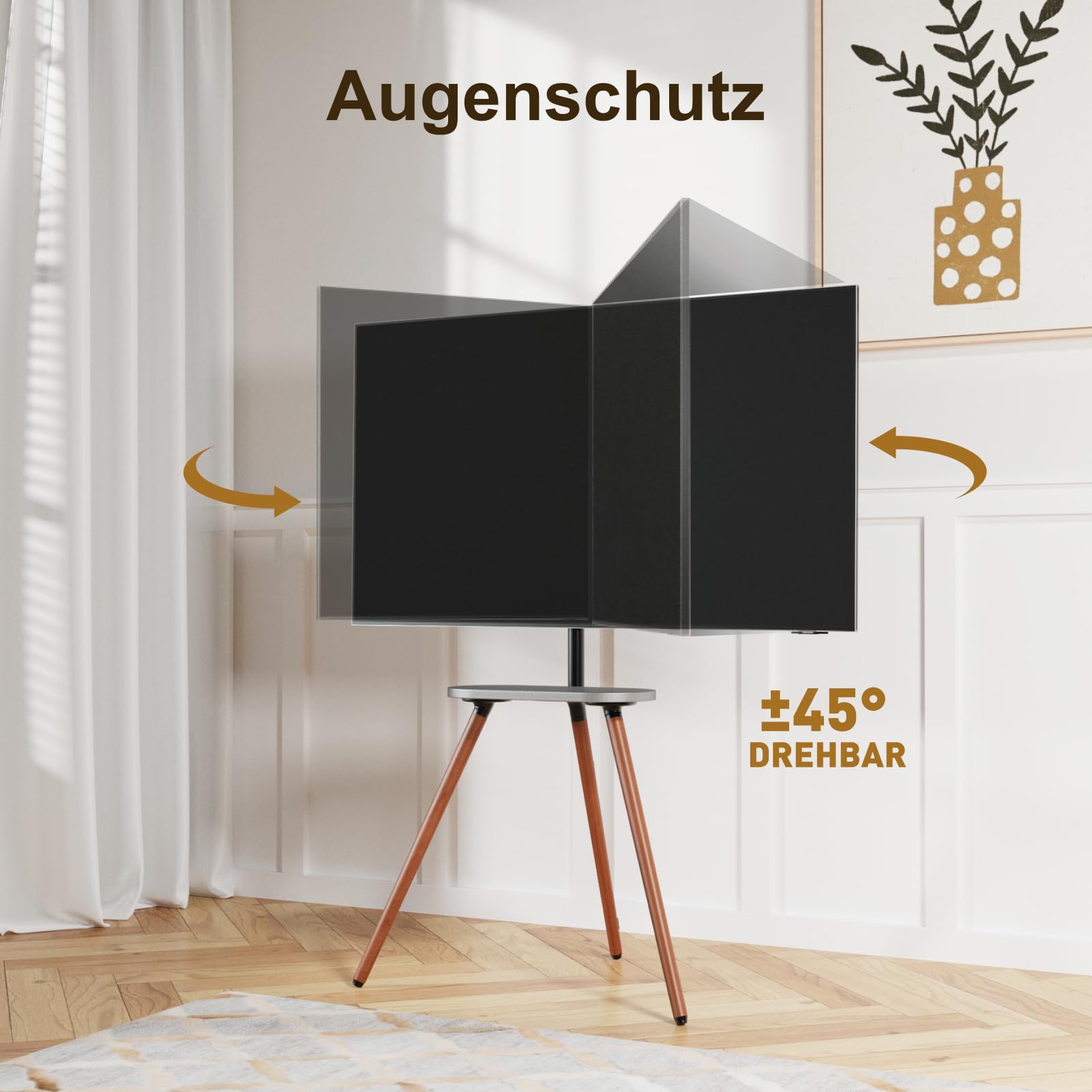 TV staffelei für 43 bis 65 Zoll LCD LED OLED Bildschirm bis zu 35 kg, höhenverstellbar und schwenkbar, tragbarer TV-Ständer Holz mit Holztablett,max VESA 400x400mm, Schwarzes Walnussholz