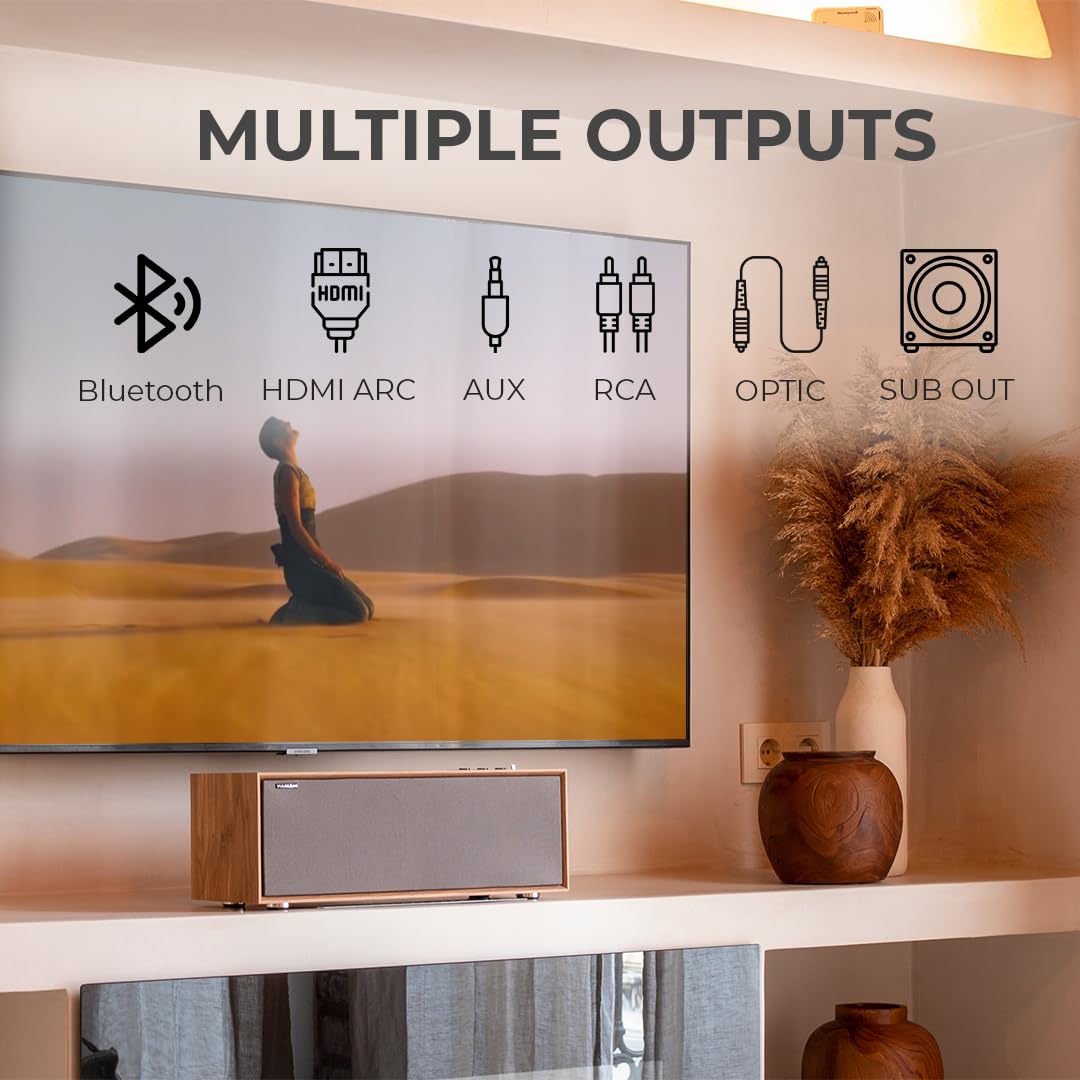 VULKKANO T50 ARC Aktywny Głośnik Stacjonarny o mocy 50 W, 4-calowy dwururowy głośnik niskotonowy, HDMI ARC, Bluetooth 5.0, RCA, AUX, USB, wyjście na subwoofer, pilot, Głośnik do Telewizora, Brązowy