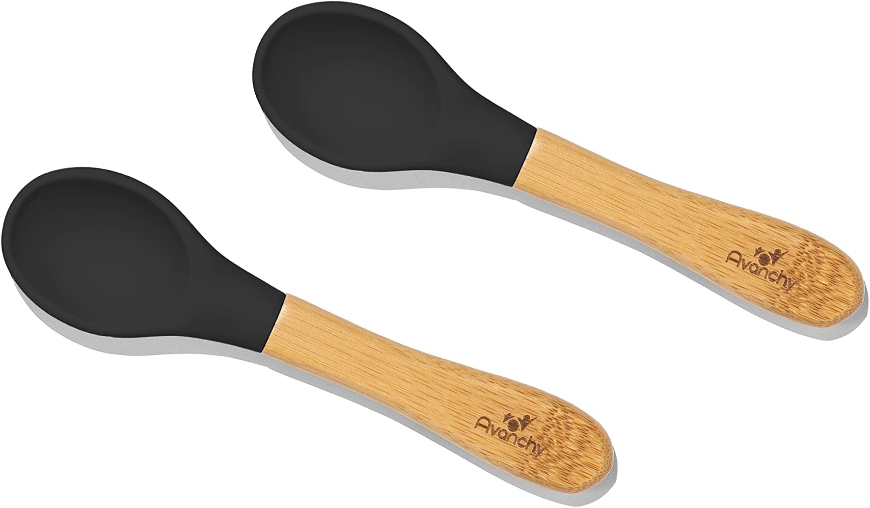 Avanchy Baby Spoons Bamboo and Silicone Set, Self Feeding Food Utensils, 4 Months Baby Led Weaning, 2 Pack