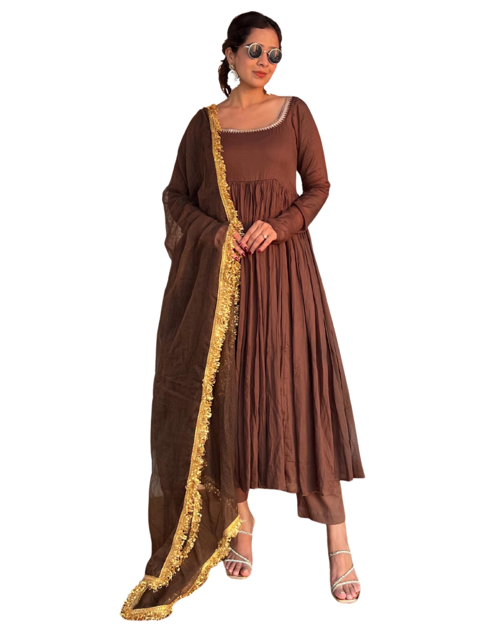 purvidha Women's Pure Cotton Embroidered V Neck 3/4th Sleeves Anarkali Kurta with Pant and Dupatta Sets | Kurtis For Women Cotton | Women Stylish Kurta Sets with Dupatta-picture-50
