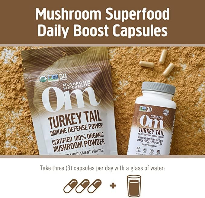 Miniatura 5 de Om Mushroom Superfood Suplemento superalimenticio de cápsulas de hongos de cola de pavo, 90 unidades, 30 días, apoyo inmunológico, polisacáridos,