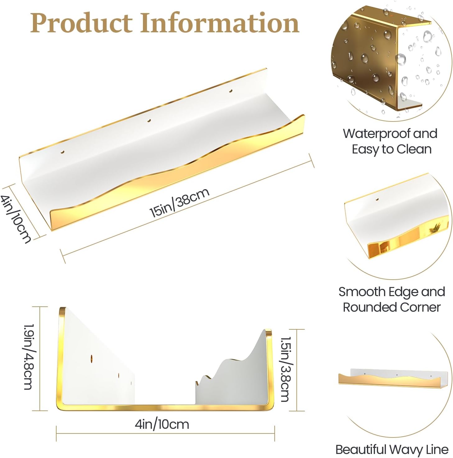 Gold Mirror Acrylic Wall Shelf 15 Inch Glam Floating Shelf for Wall Decor Plants Books Records Spicy Display Luxury Shelf for Bathroom Living Room Kitchen