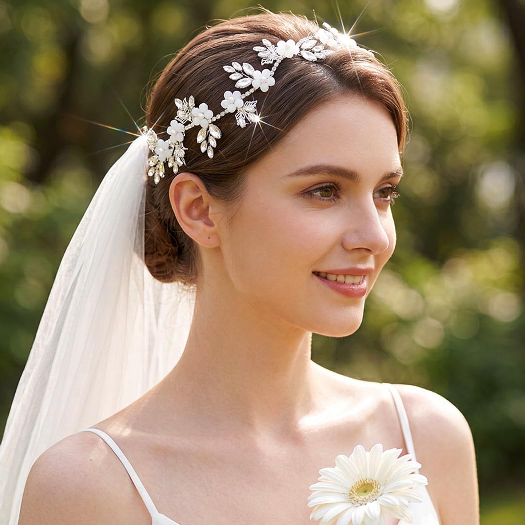 Catery Strass Braut Stirnband Hochzeit Kopfschmuck für Bräute (Silber) | Kristall-Haarschmuck, florale Perlen, Haarschmuck für Hochzeit, Brautjungfer, Abschlussball, glitzernd