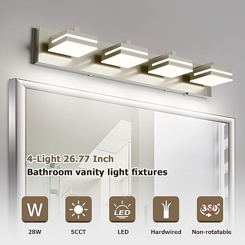 Miniatura 6 de Joossnwell Lámpara de tocador de baño de níquel cepillado, moderna (4 luces, 26.77 pulgadas), regulable 5CCT LED para tocador de baño