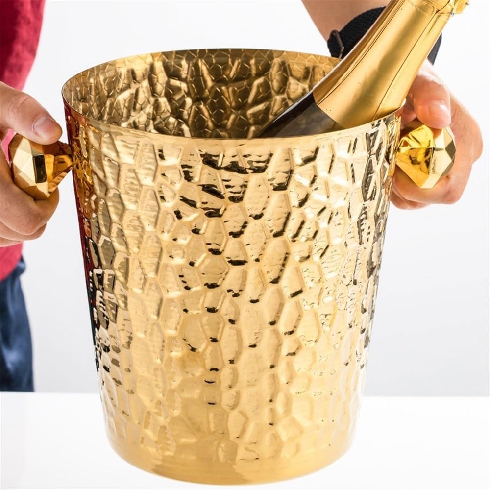 Wine Cooler Hammered Stainless Steel Ice Bucket Home Party Wine Champagne Drinks Bucket(Gold)