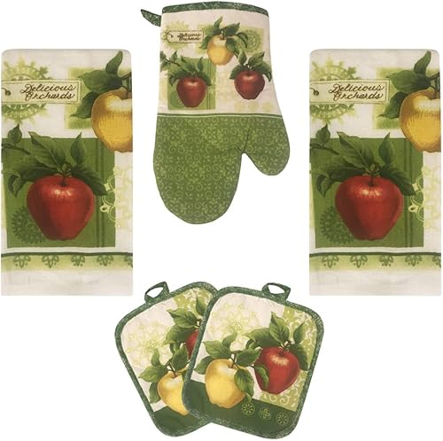 Lobyn Value Packs Apple Orchards - Juego de toallas de cocina de 5 piezas, 2 toallas, 2 soportes para ollas, 1 guante de horno