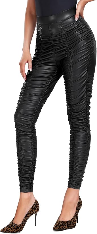 RIOJOY Womens Shinny Sexy Leather Leggings High Waist Butt Lifting Pleather Pants Stretchy Faux Leather Tights