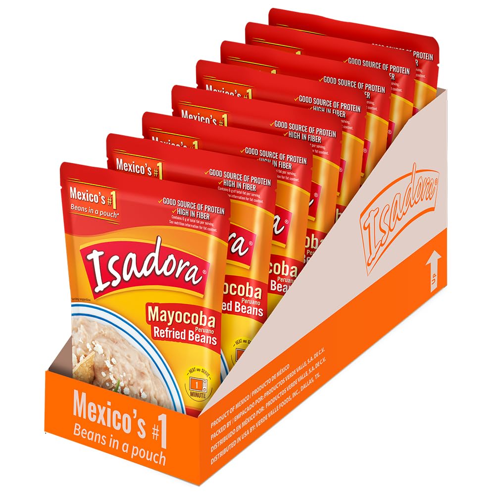 Isadora Mayocoba Refried Beans in Pouch (Pack of 8), Delicious Peruano Refried Pinto Beans, Microwave Food Premade Meals, Plant Based Protein,15.2 oz