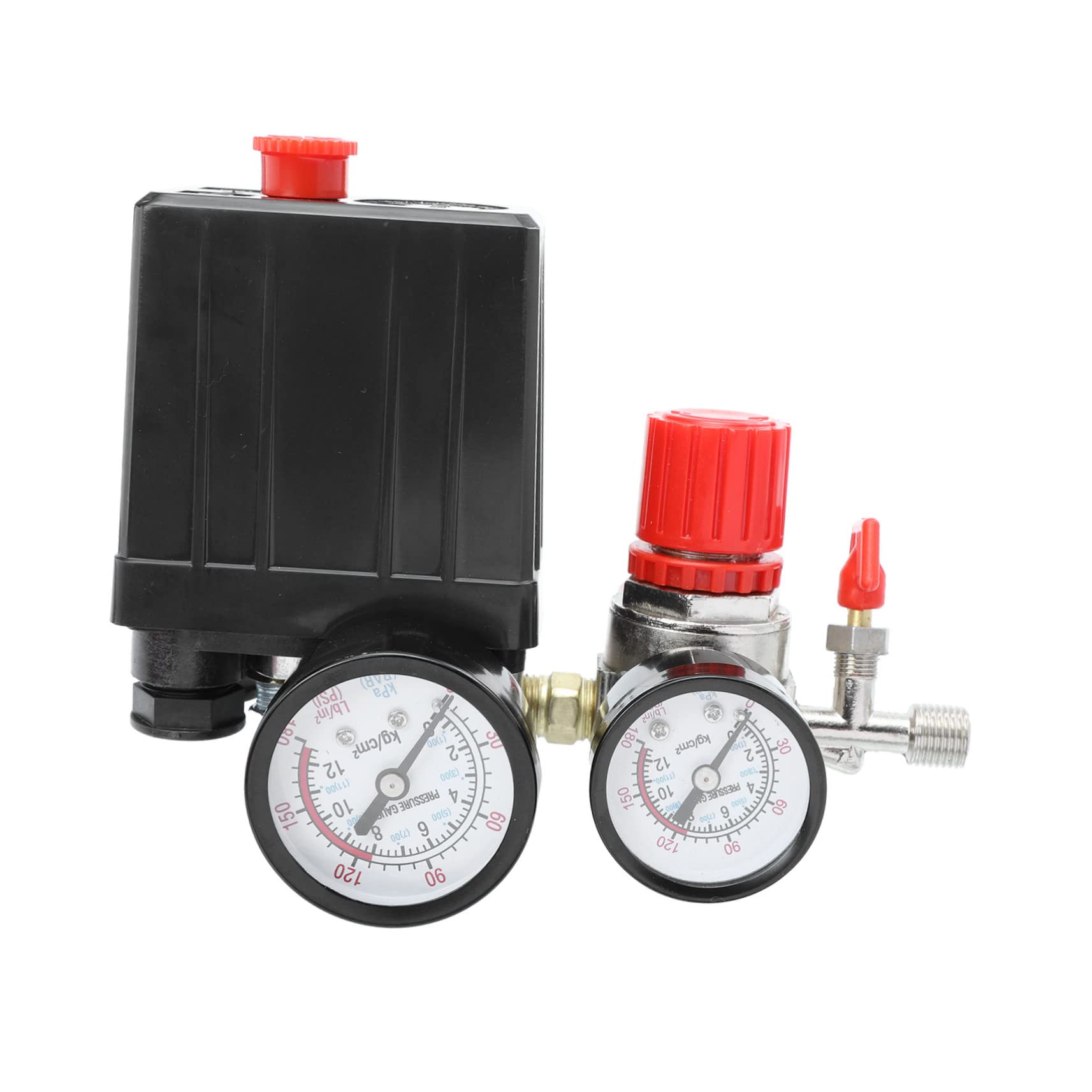 Hemobllo Valvola Regolatore Pressione per Compressore Aria a 4 Fori Manometro, Installazione Facile, Nero, per Uso Stabile e Preciso