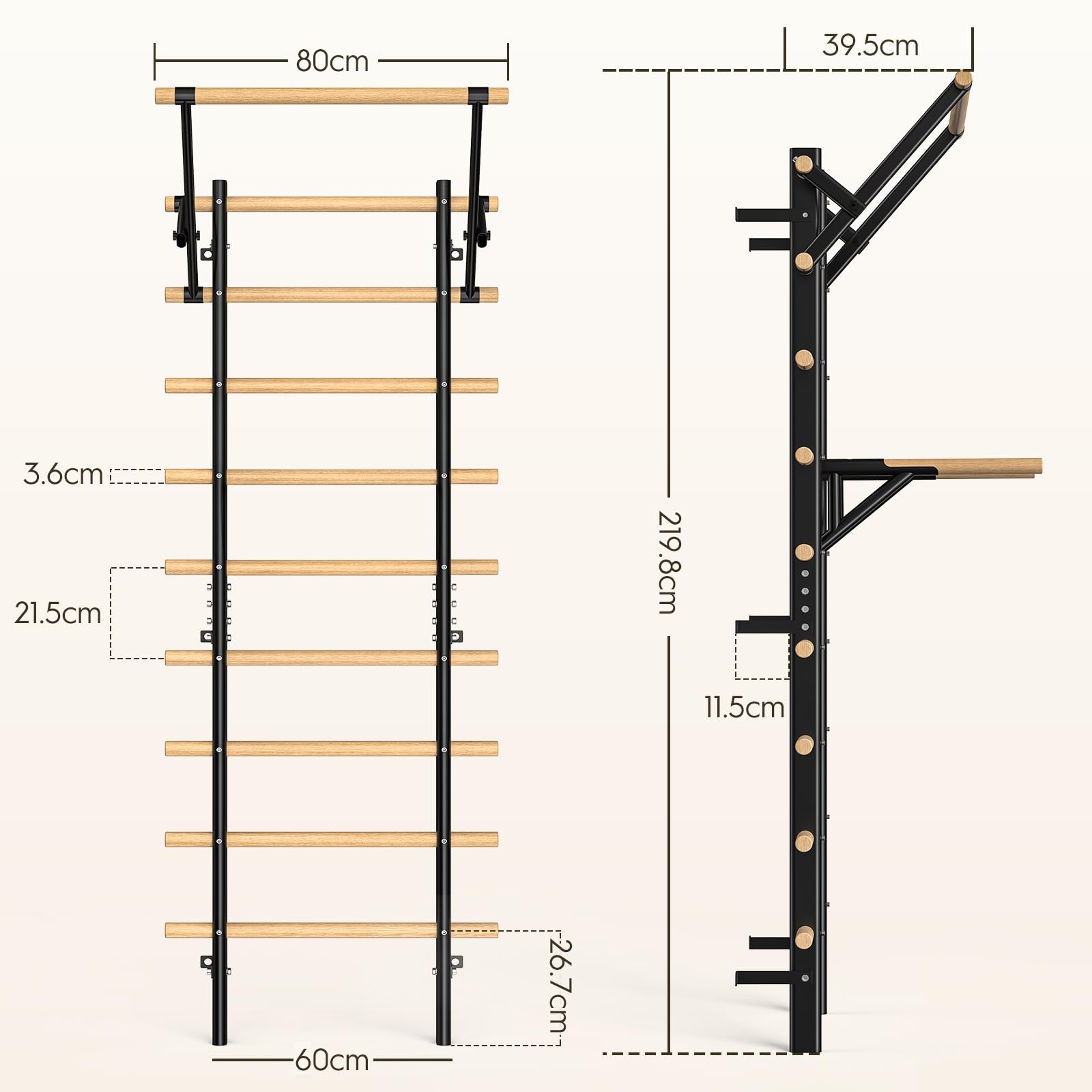 Sprossenwand mit Klimmzugstange & Dip-Barren – 220 cm Home Klettergerüst aus Buchenholz zur Wandmontage – Max. 250 kg belastbar – Für Krafttraining, Calisthenics & Reha bei Erwachsenen & Kindern