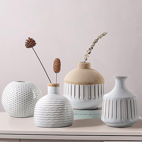 Juego de 4 jarrones pequeños de cerámica minimalista boho para dormitorio, sala de estar, oficina, chimenea, centro de mesa, jarrones blancos
