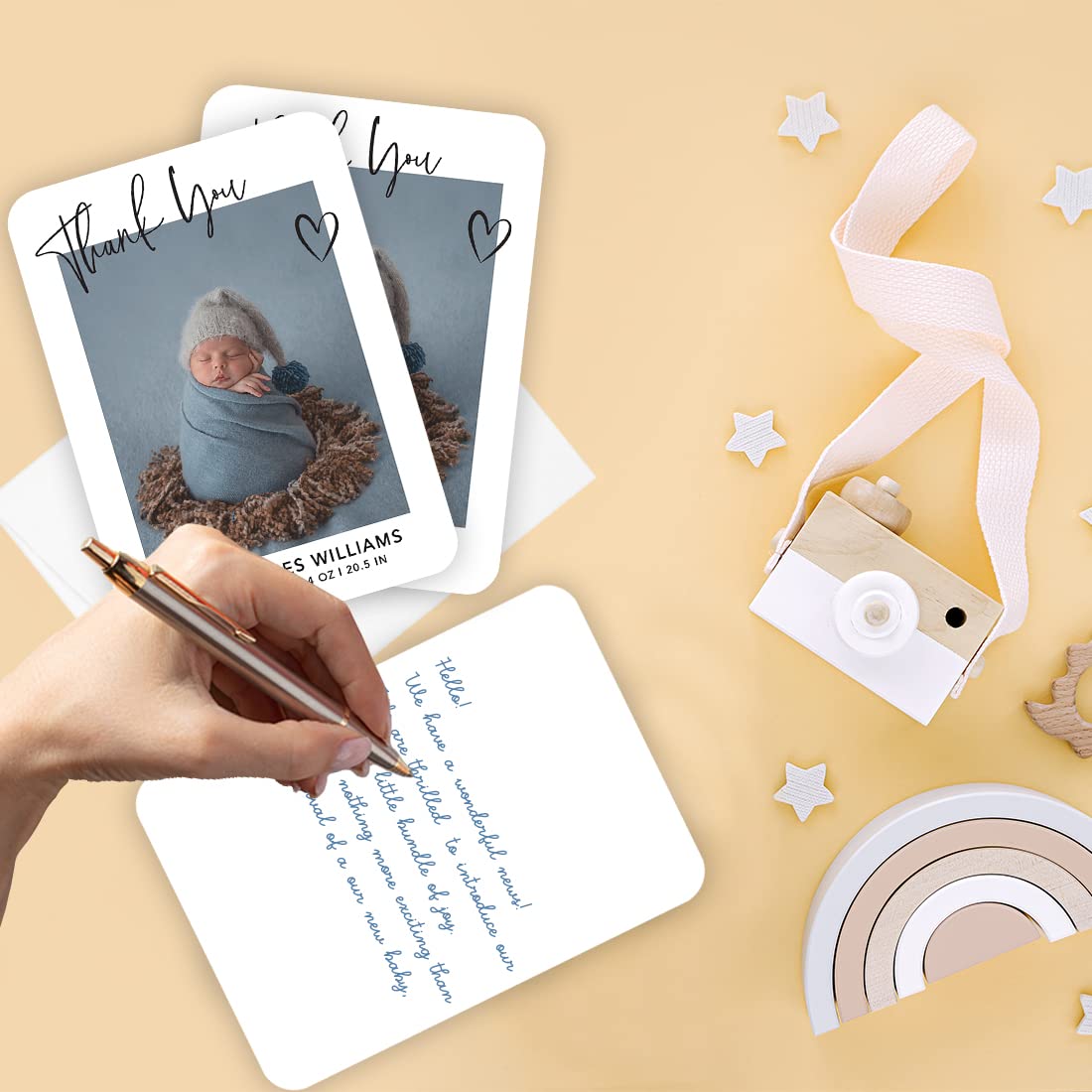 Andaz Press 24 Pack Personalized 5x7 Inch Baby Photo Announcement Cards with Envelopes, Minimal Thank You Custom Baby Birth Announcement Stat Cards Reveal Newborn Photo Birth Card