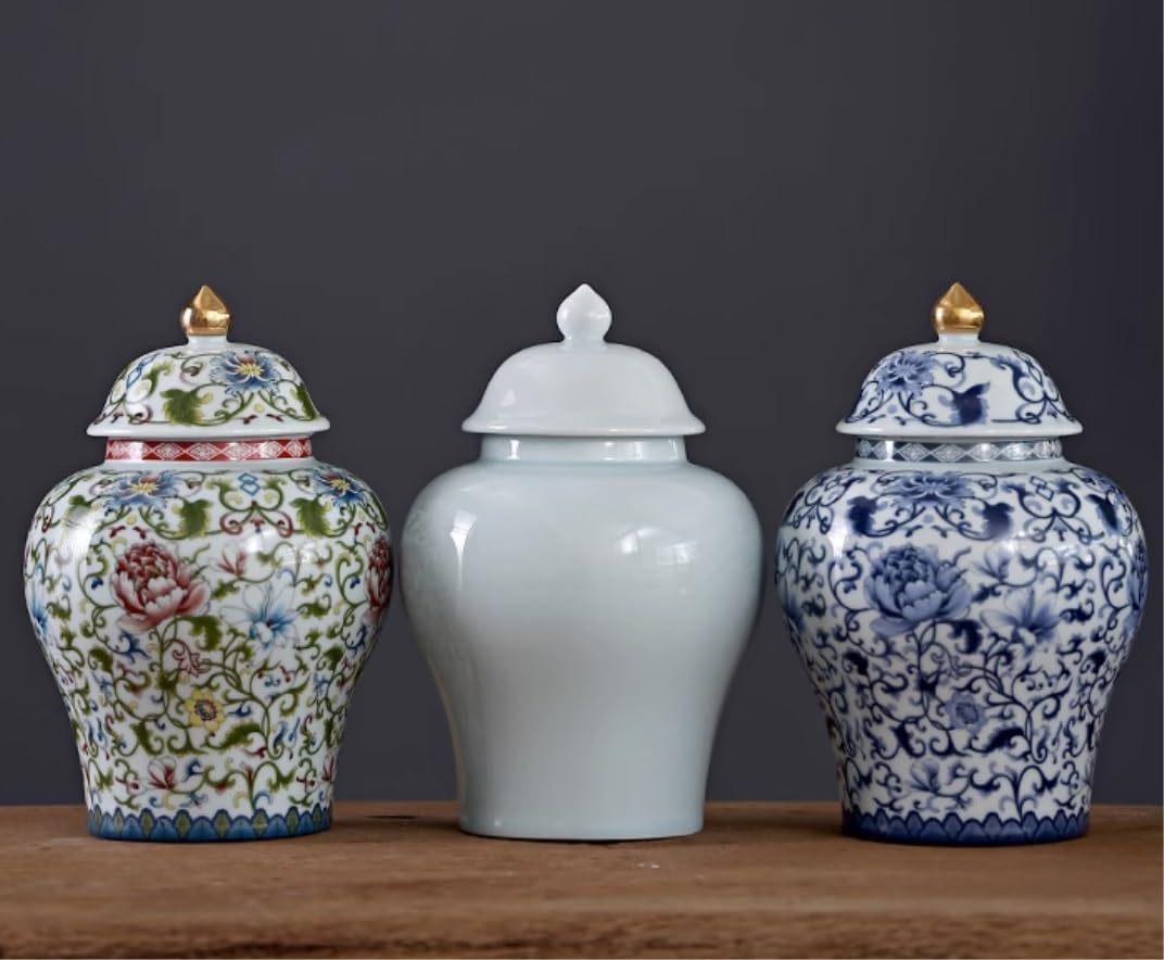 Chiński ceramiczny wazon imbirowy z pokrywką - dekoracyjny porcelanowy kwiatowy słoik do przechowywania ze złotym emaliowanym wykończeniem