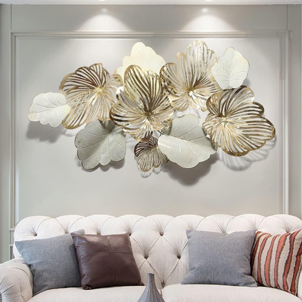 Arte de Pared de Metal Moderno y Lujoso para Sala de Estar - Decoración del Hogar 3D con Hojas Naturales - para Dormitorio, Cocina - Regalo - Largo 132 cm