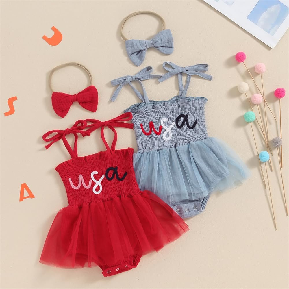 Ayalinggo Newborn Infant 4th Fourth of July Baby Girl Outfits Bubble Romper White Red and Blue Clothes+Headband