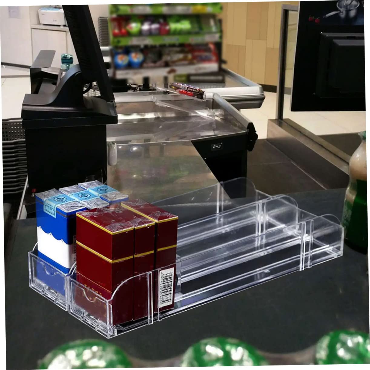 Automatischer Zigarettenspender mit Vorder und Rückverschluss mit Druckknopf 4 Stück Zufällige Farbe Zigarettenständer Auspc und Papier 28cm Lang für 10 Packungen